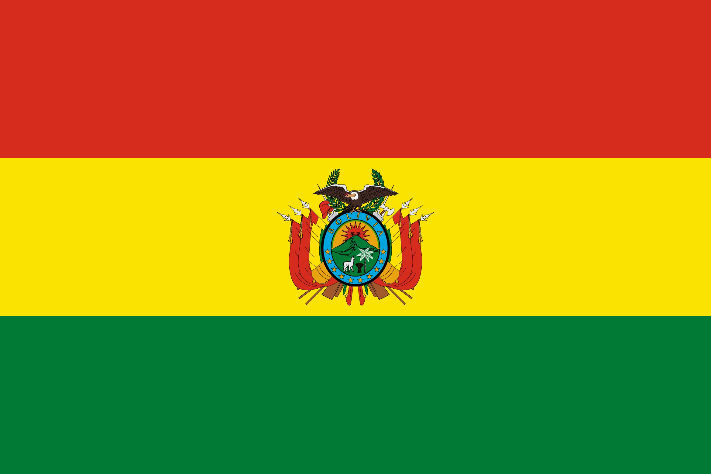 Die Flagge Boliviens, horizontal rot, gelb und grün, trägt das bolivianische Wappen.