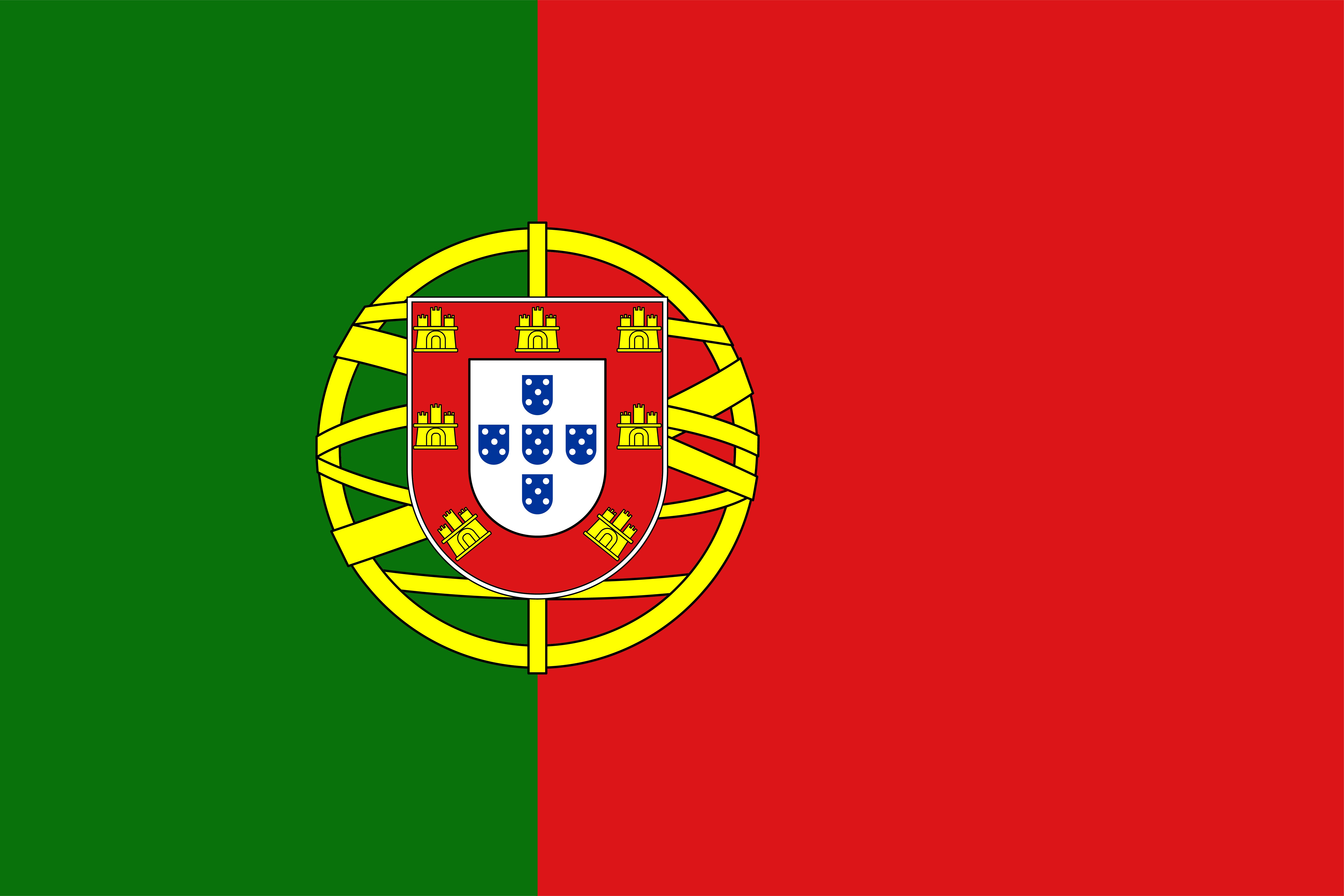 Die Flagge Portugals, ein grünes und rotes Feld, mit Wappen und Armillarsphäre.