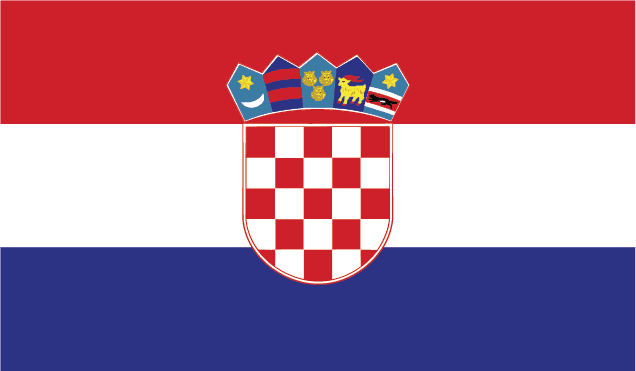 Die Nationalflagge Kroatiens mit Schachbrettmuster im Zentrum und Wappen mit fünf kleineren Wappen oben.