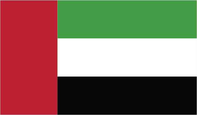 Flagge der Vereinigten Arabischen Emirate. Roter Balken links, grüne, weiße, schwarze Streifen.
