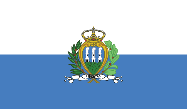 Flagge von San Marino mit Wappen, das drei Türme zeigt. "Libertas"-Banner.